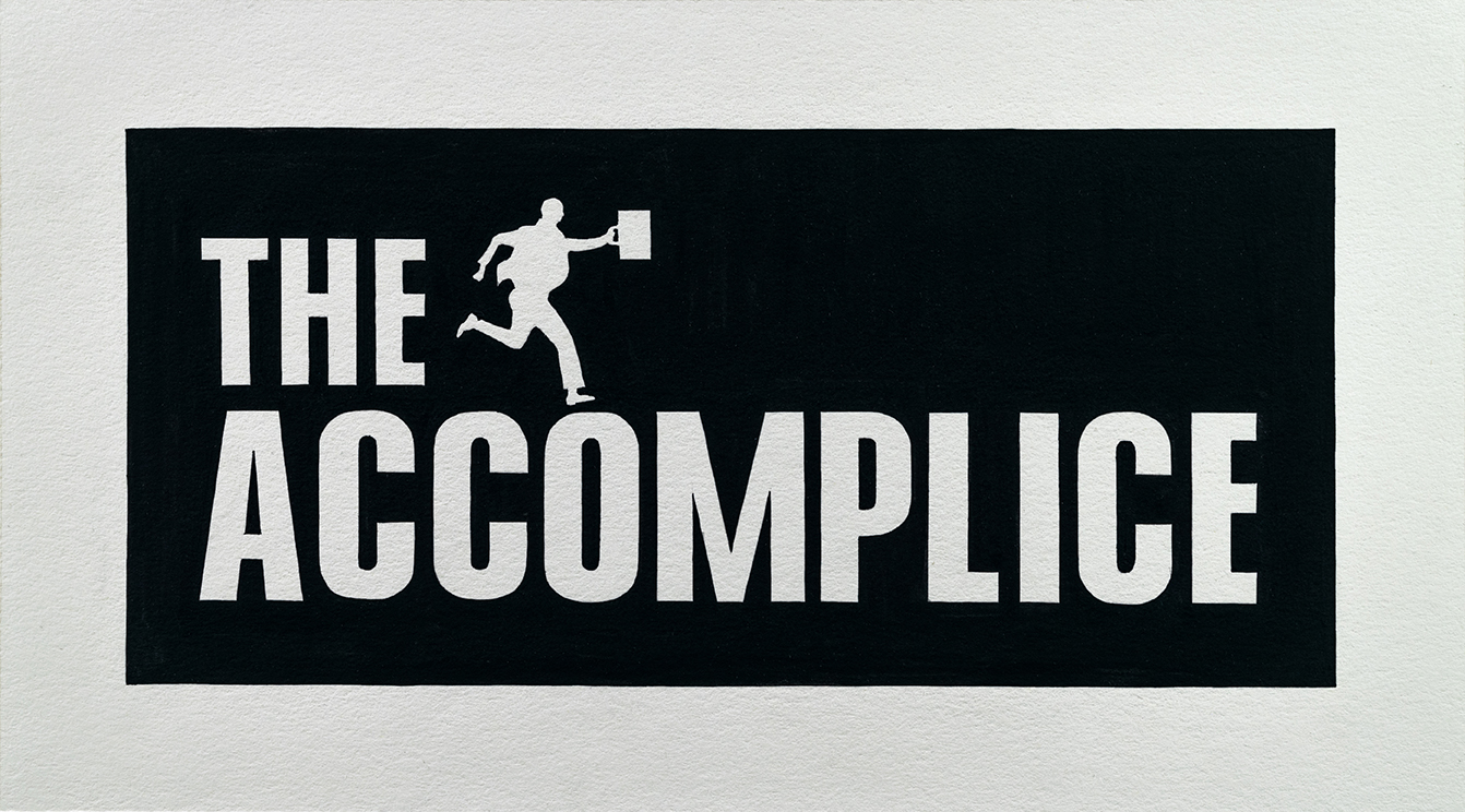 A stylized silhouette of a figure in dynamic motion leaps across a black rectangular field, holding a briefcase aloft. Bold white sans-serif typography reads "THE ACCOMPLICE," with the figure integrated into the composition between the words. The stark graphic design employs a high-contrast black and white palette characteristic of mid-century modernist poster art.