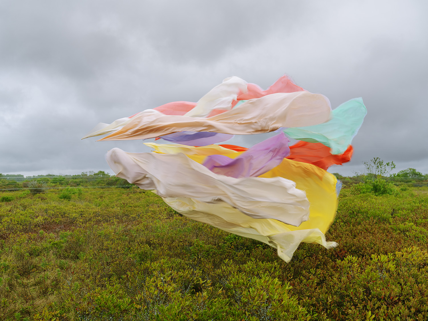 Billowing lengths of colorful silk fabric—cream, coral, pink, purple, yellow, orange, and mint green—sweep across a flat, scrubby landscape beneath an overcast sky, their translucent folds creating dynamic movement against the muted natural setting.