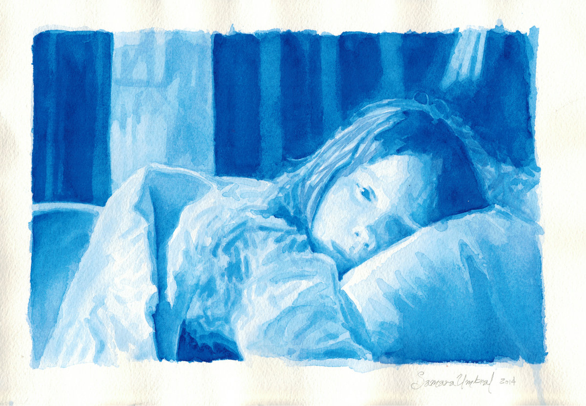 A monochromatic watercolor painting rendered in shades of blue depicting a figure reclining on pillows and draped fabric. The composition uses varying tones from deep navy to pale blue and white, creating depth and form through layered washes and subtle gradations.