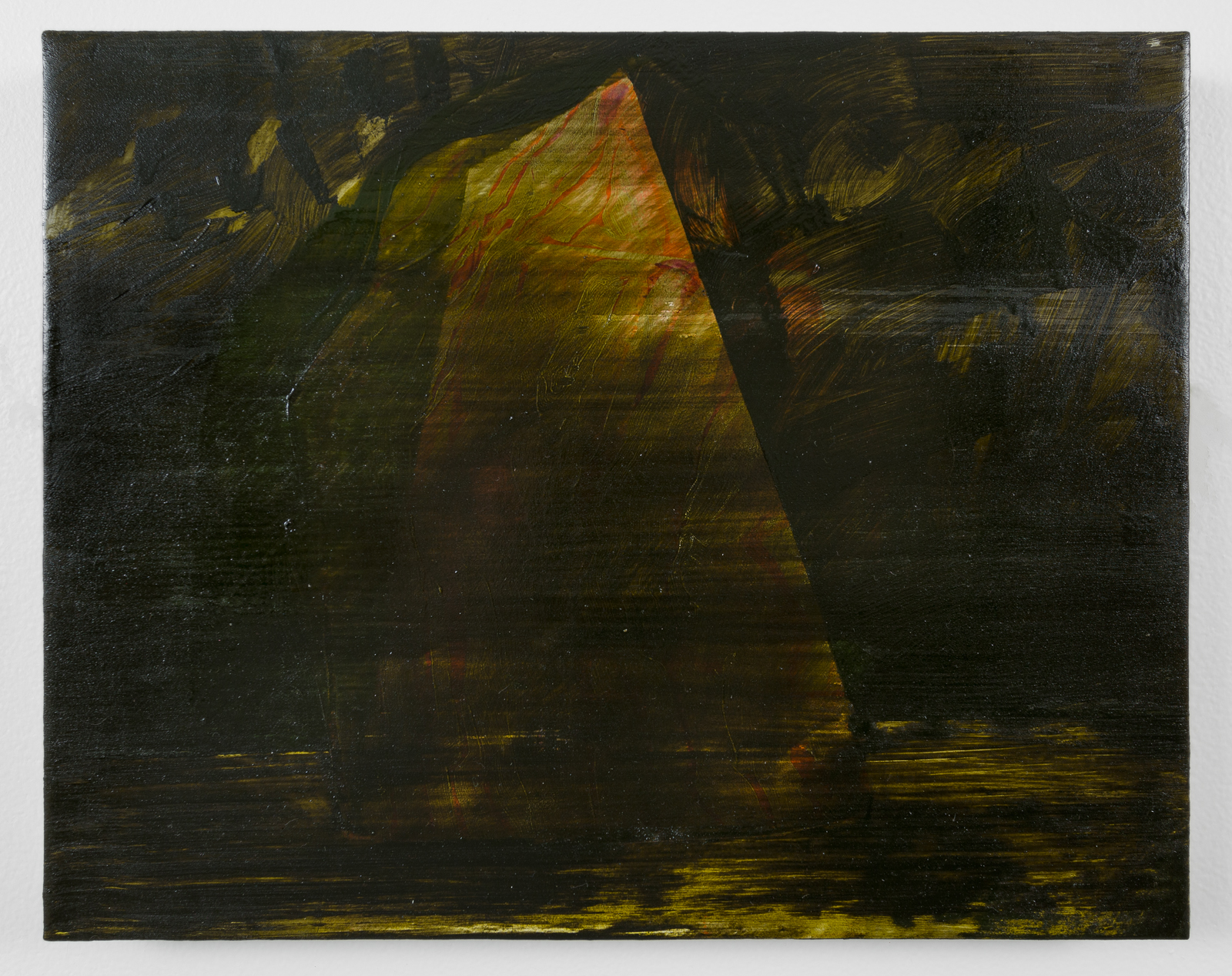 A dark, moody painting dominated by deep browns and blacks, with a luminous golden-yellow triangular form emerging from the center. Horizontal streaks of ochre and gold run across the lower portion, while the surrounding areas feature gestural brushwork creating a sense of cavernous depth and shadow.