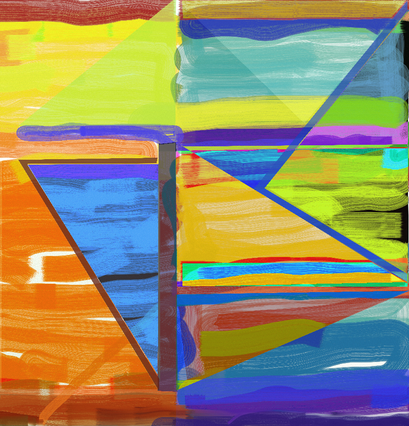 Abstract composition featuring vibrant geometric shapes and bold color blocks in neon yellow, electric blue, orange, lime green, and magenta, divided by dark linear elements that create angular intersecting planes across the canvas.