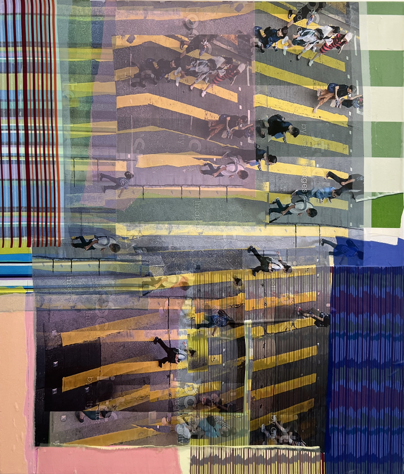 Layered mixed-media composition featuring overhead views of people walking across yellow-striped pedestrian crossings, overlaid with vertical colored stripes and geometric color blocks in green, blue, pink, and orange. The fragmented, repetitive imagery creates a sense of interruption and visual rhythm across the canvas.