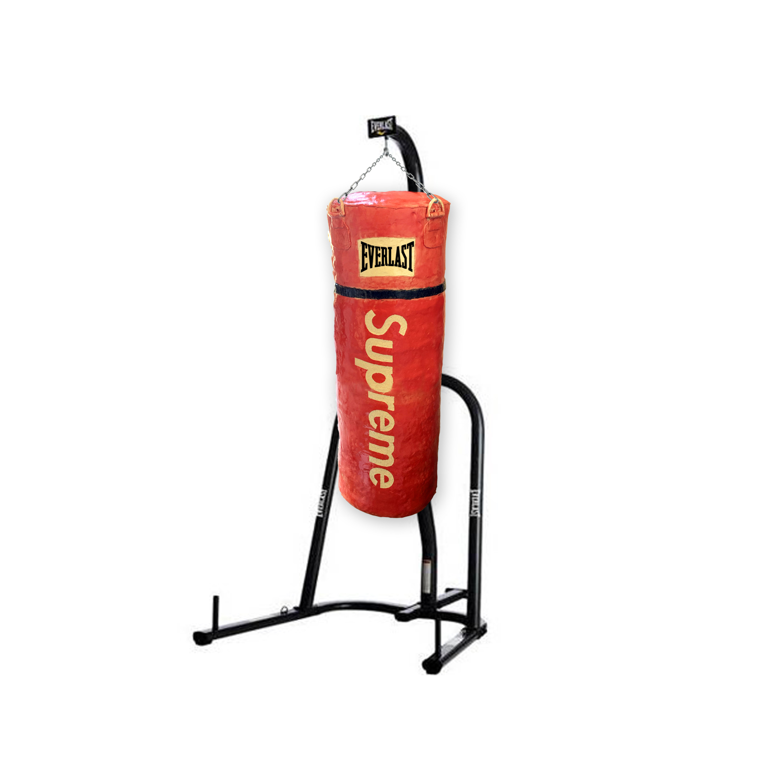 A red cylindrical punching bag branded with "Supreme" and "Everlast" logos hangs from a black metal stand with chain and cable hardware, presented as a sculptural object against a white background.