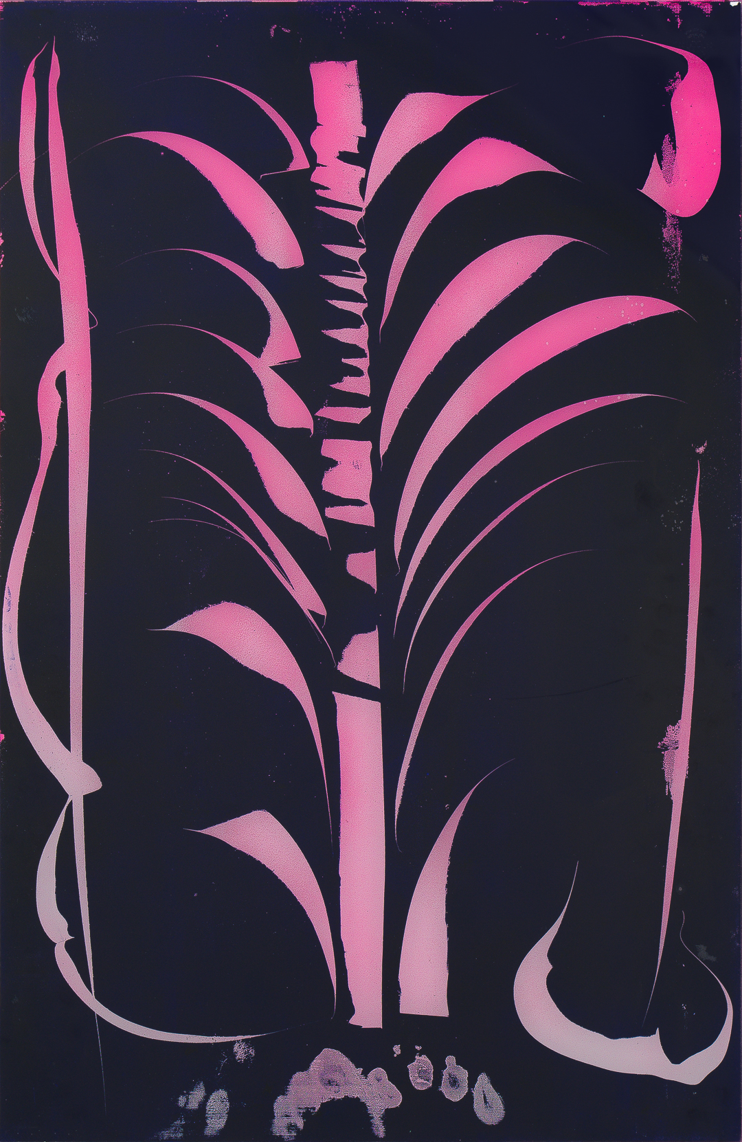 Neon pink silhouettes of stylized botanical forms and abstract shapes arranged symmetrically against a deep navy background, rendered in a bold graphic style with luminous brushwork and visible texture throughout the composition.