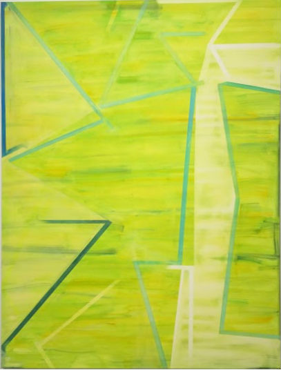 Abstract composition in shades of lime green, yellow-green, and teal featuring intersecting geometric lines and rectangular forms creating a fragmented, layered effect across the canvas.