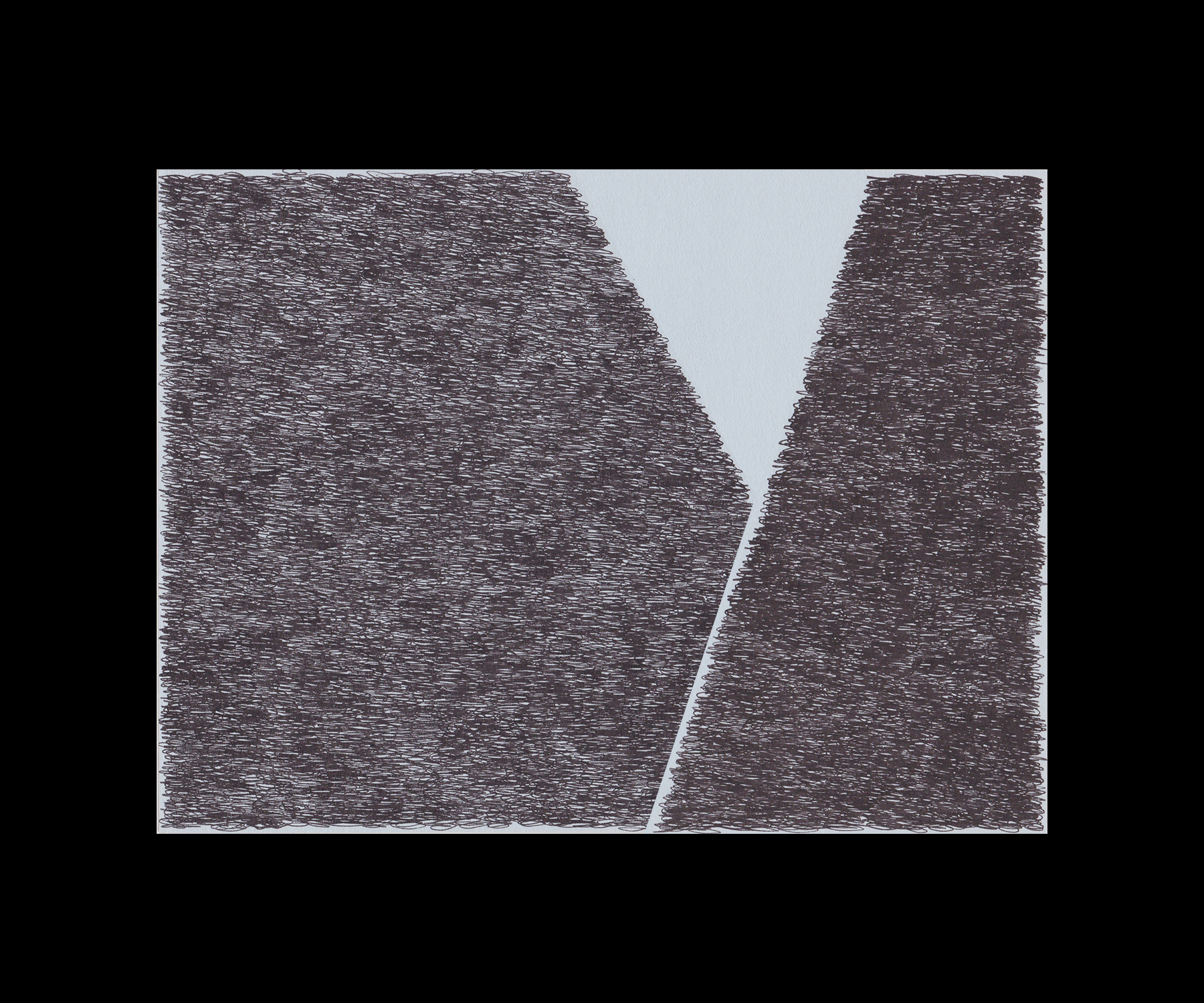 Two tall, trapezoidal forms with textured, dark surfaces face each other across a narrow vertical gap, set against a light sky. Fine linear marks create a dense, scratched pattern across both structures, suggesting weathered or eroded surfaces.