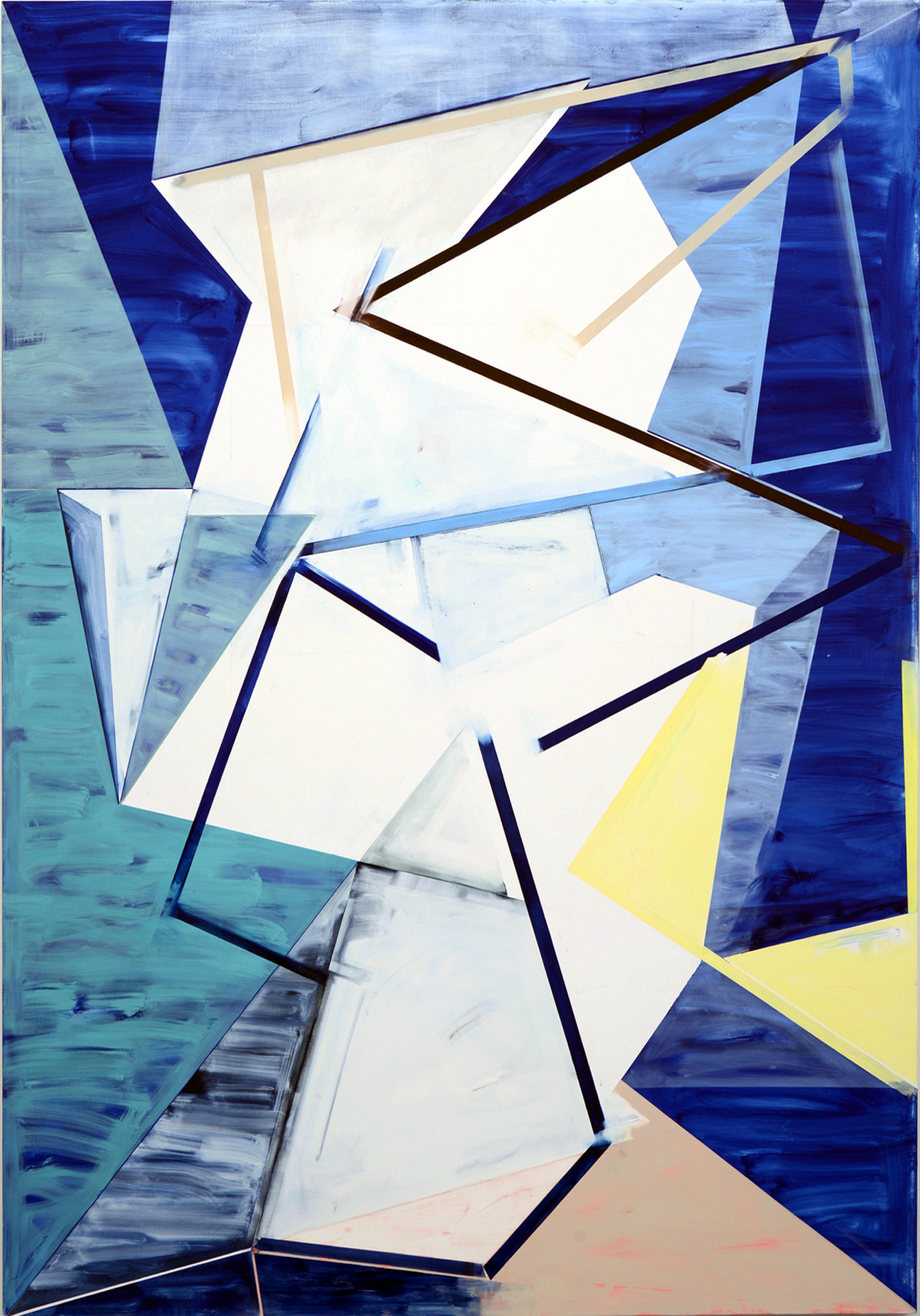 Abstract composition featuring overlapping geometric shapes in shades of blue, white, cream, and yellow against a textured blue background. Sharp angular forms and triangular planes create a sense of dynamic movement and depth across the canvas.