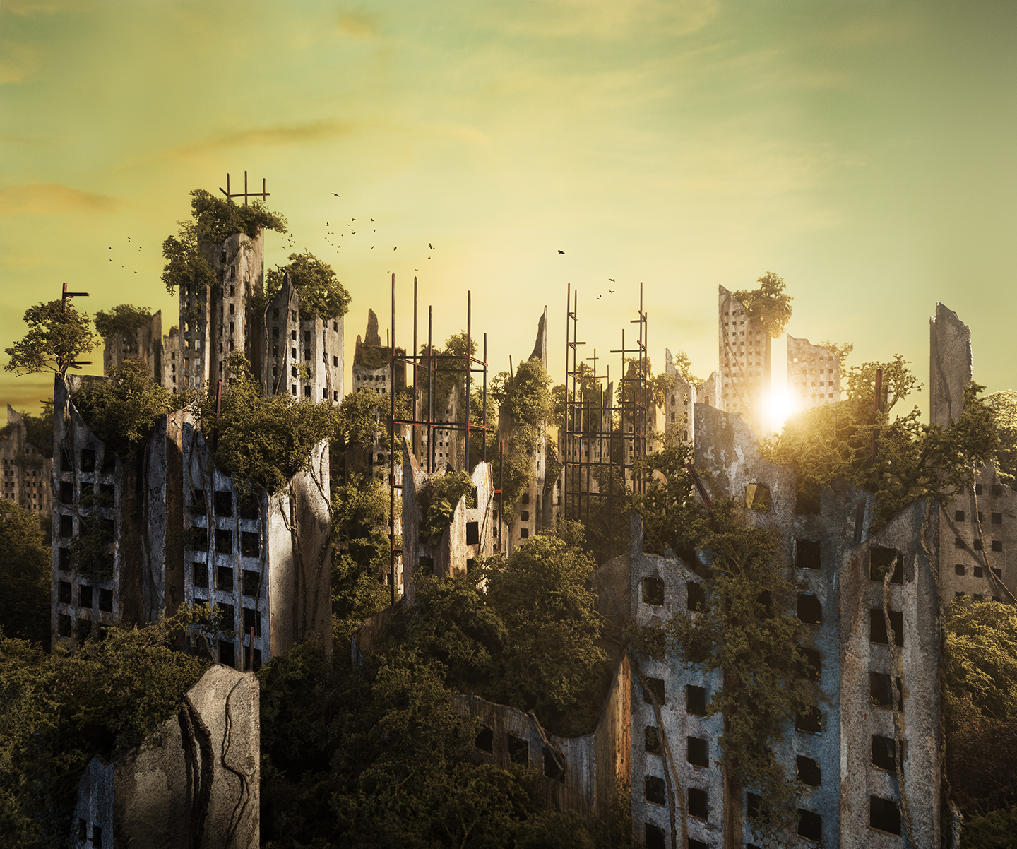 A post-apocalyptic cityscape depicting abandoned, crumbling high-rise buildings overgrown with lush green vegetation and trees, bathed in golden sunlight breaking through a hazy yellow-green sky. Skeletal metal scaffolding and frameworks protrude from the structures while birds fly overhead, creating a surreal vision of nature reclaiming an urban environment.