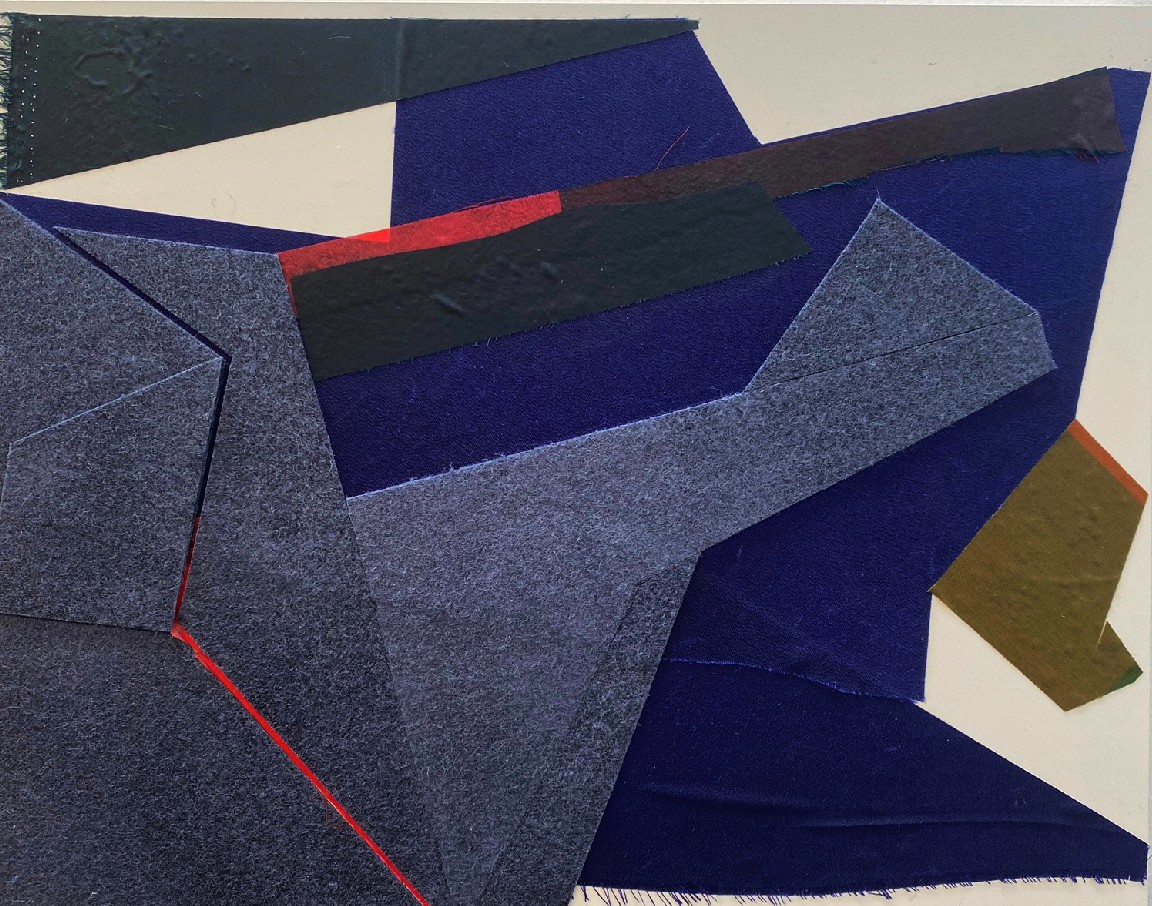 Abstract composition with layered fabric pieces in shades of navy blue, gray, and cream, accented with red and brown linear elements. The textured materials are arranged in overlapping geometric forms against a light background, creating a dynamic interplay of color, texture, and depth.