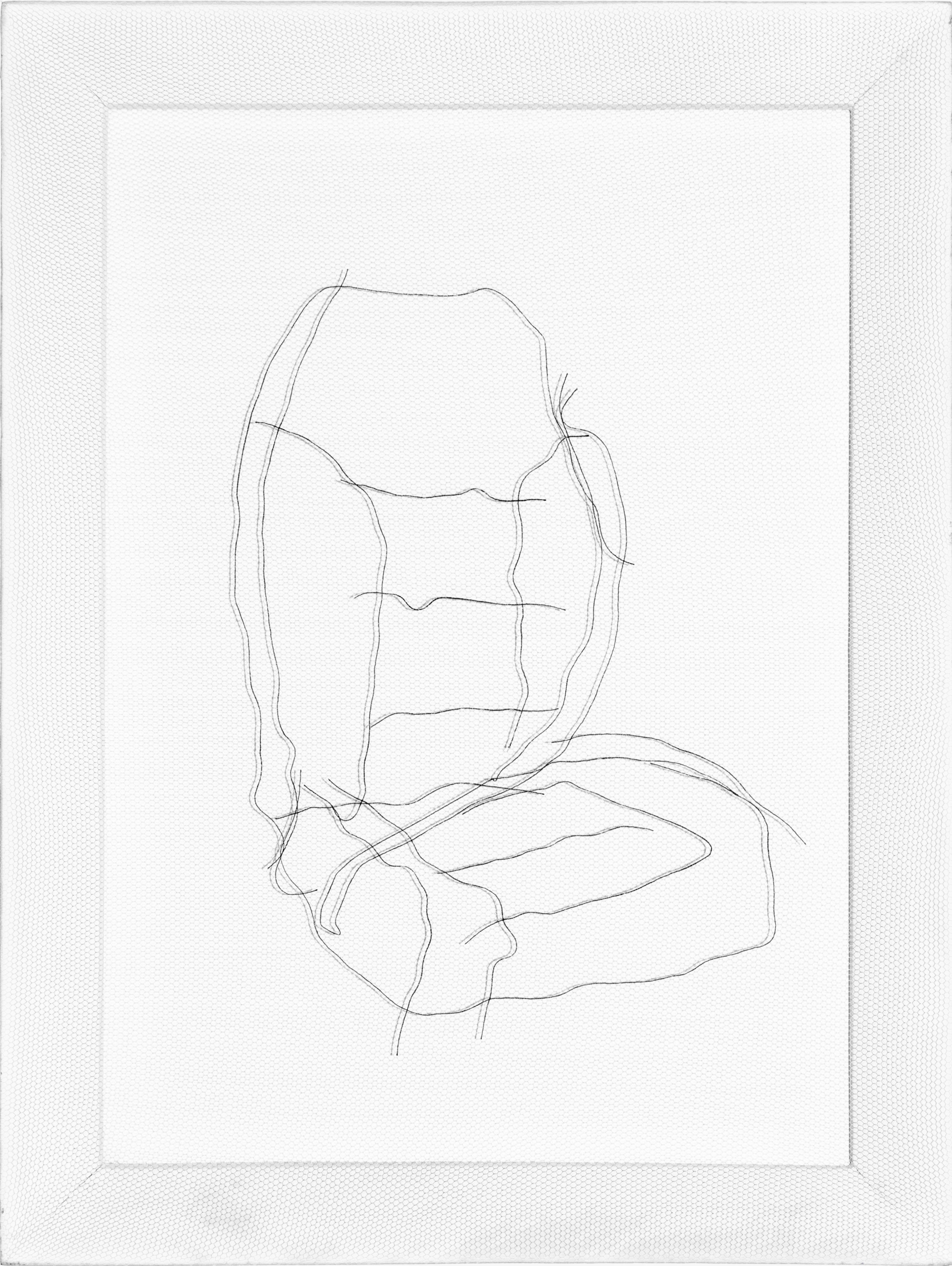 Minimalist line drawing of a chair executed in thread on sheer fabric, rendered in delicate, continuous lines that suggest the chair's form through outline and internal structural details rather than solid representation.
