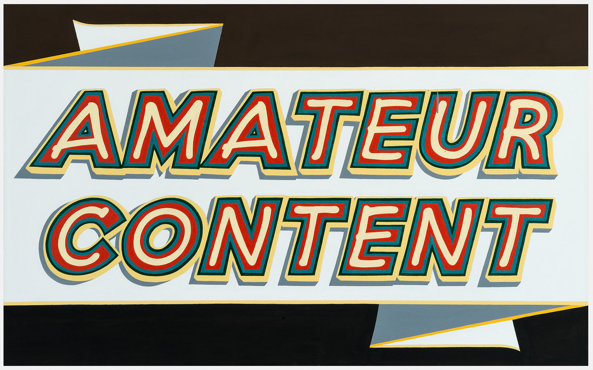 Retro-style text reading "AMATEUR CONTENT" in bold, layered letters with red, cream, and teal coloring outlined in gold, set against a light gray background with geometric black and blue shapes framing the composition at top and bottom.