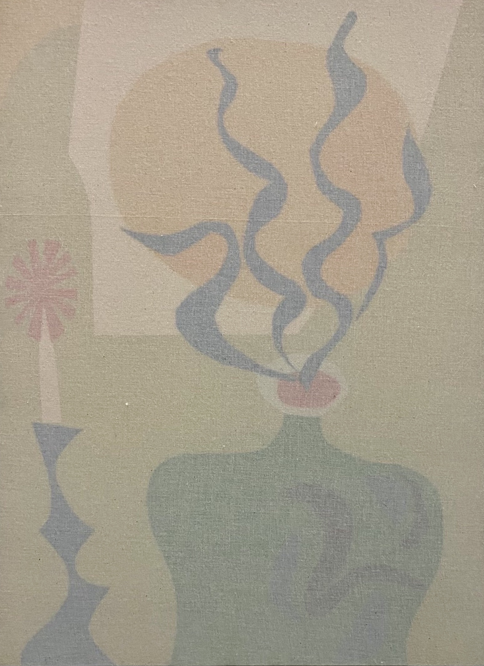 Abstract composition on linen featuring a large pale green rounded form at the base with delicate blue-gray wavy lines rising above it, accented with soft pink and red geometric shapes. The muted palette and translucent quality suggest the use of oil and gold leaf, creating a luminous, ethereal effect against the neutral background.