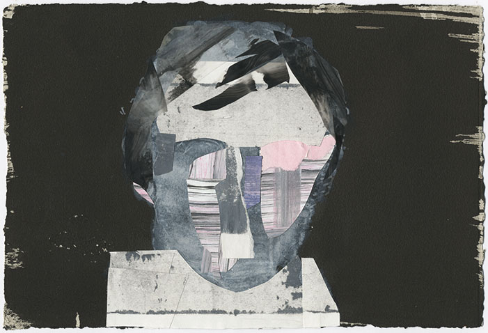 Abstract portrait bust rendered in acrylic on paper, featuring a fragmented face composed of layered geometric shapes in shades of blue, gray, white, and pale pink against a dark background, with visible brushstrokes and a distressed, collaged aesthetic.