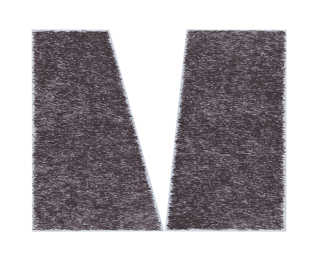 Two textured rectangular forms with tapered sides lean toward each other against a white background, their dark surfaces densely marked with linear hatching and gestural marks creating an organic, scribbled appearance.