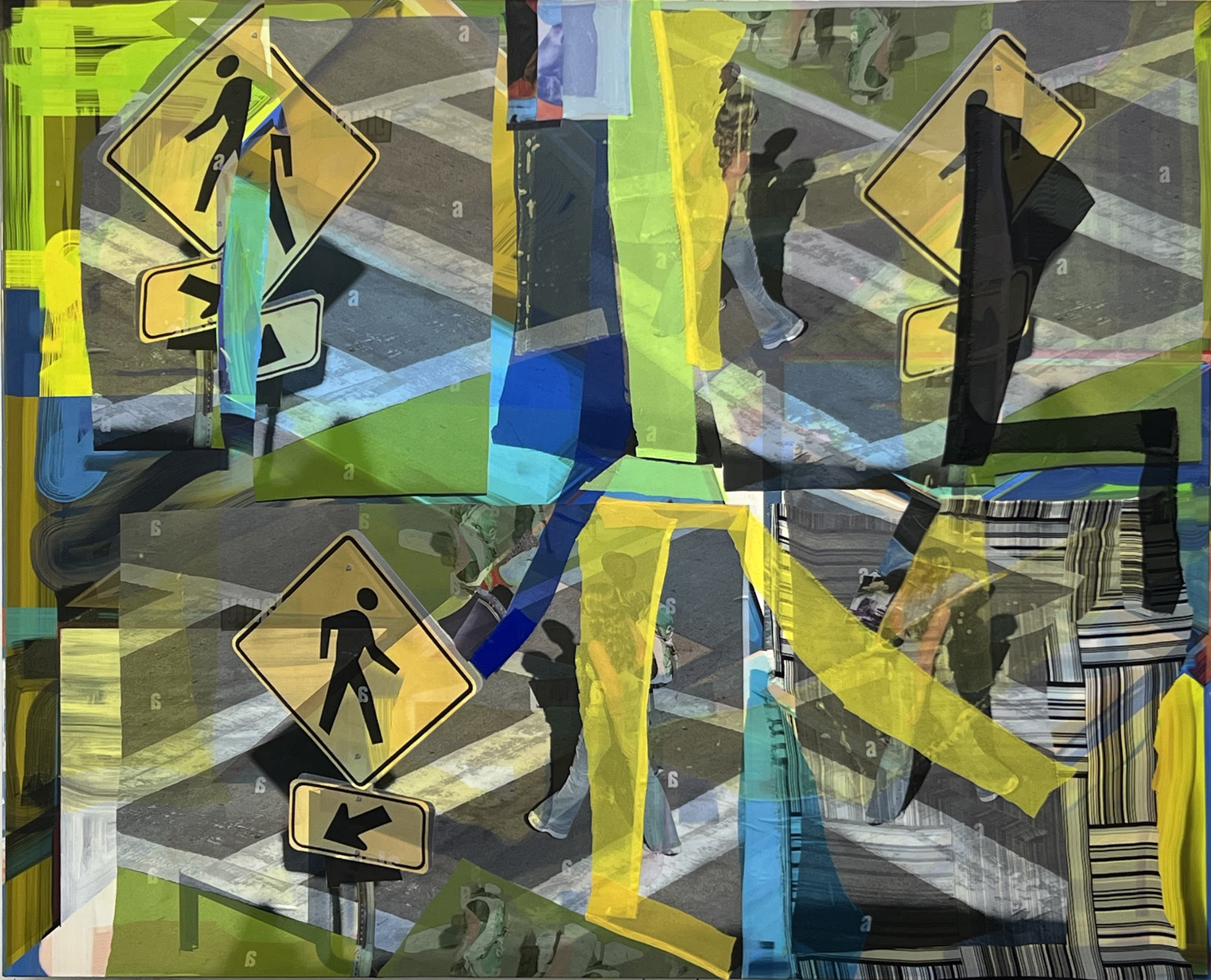 A collage of overlapping street scenes and yellow and blue geometric shapes features repeated pedestrian crossing warning signs with black silhouettes. Fragmented photographs of urban pathways and directional arrows are layered beneath translucent colored planes in a composition that creates visual depth through transparency and juxtaposition.