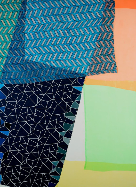 Abstract composition featuring layered geometric patterns and vibrant colors. The upper portion displays teal and gold chevron stripes on fabric, while the lower section contrasts with a dark navy tessellated pattern. Bright blocks of peach, green, and yellow create angular divisions across the work, suggesting depth and movement through overlapping planes of color and texture.