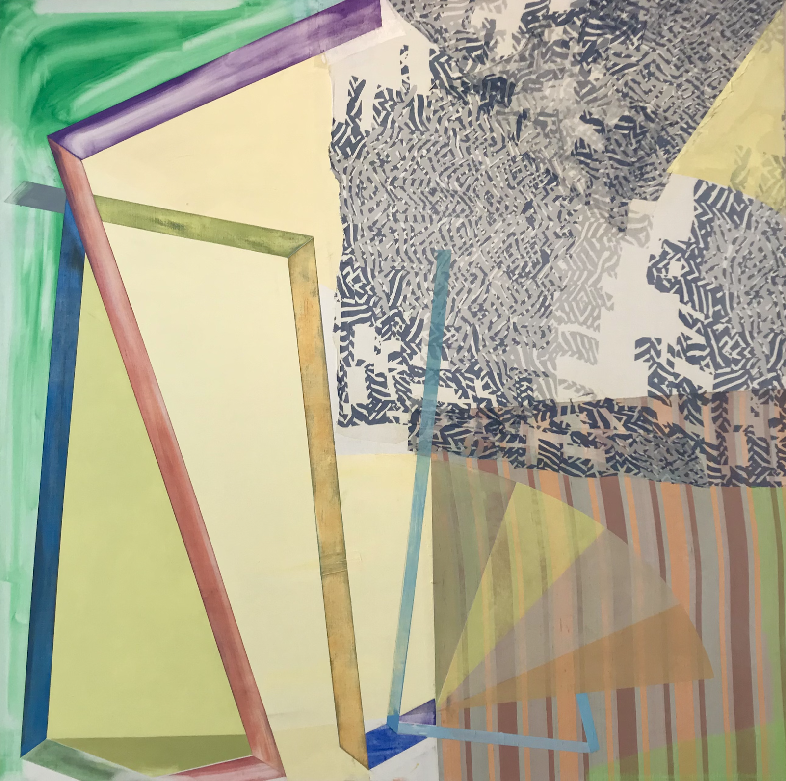 Abstract composition featuring geometric forms including layered rectangular frames in pink, gold, and muted tones. The right side displays intricate black linear patterns and textures against cream and beige backgrounds, while the left features bold strokes of green, blue, and purple. Vertical striped patterns in earth tones and transparent color washes create depth throughout the composition.