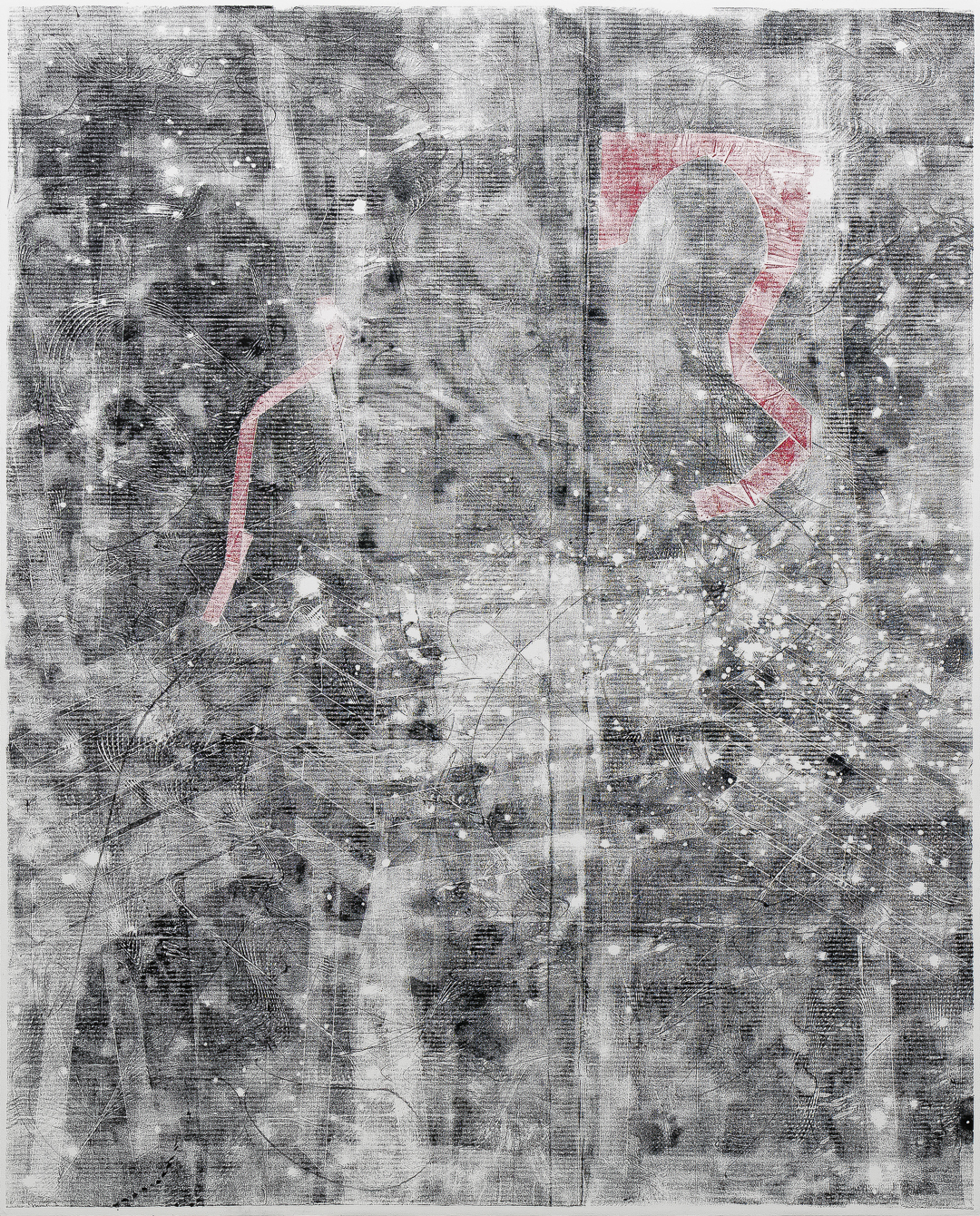 A two-panel abstract composition rendered in black, white, and gray tones with gestural mark-making and layered textures throughout. Bright red curved forms trace across both panels, creating a continuous visual pathway against the predominantly monochromatic, densely textured background.