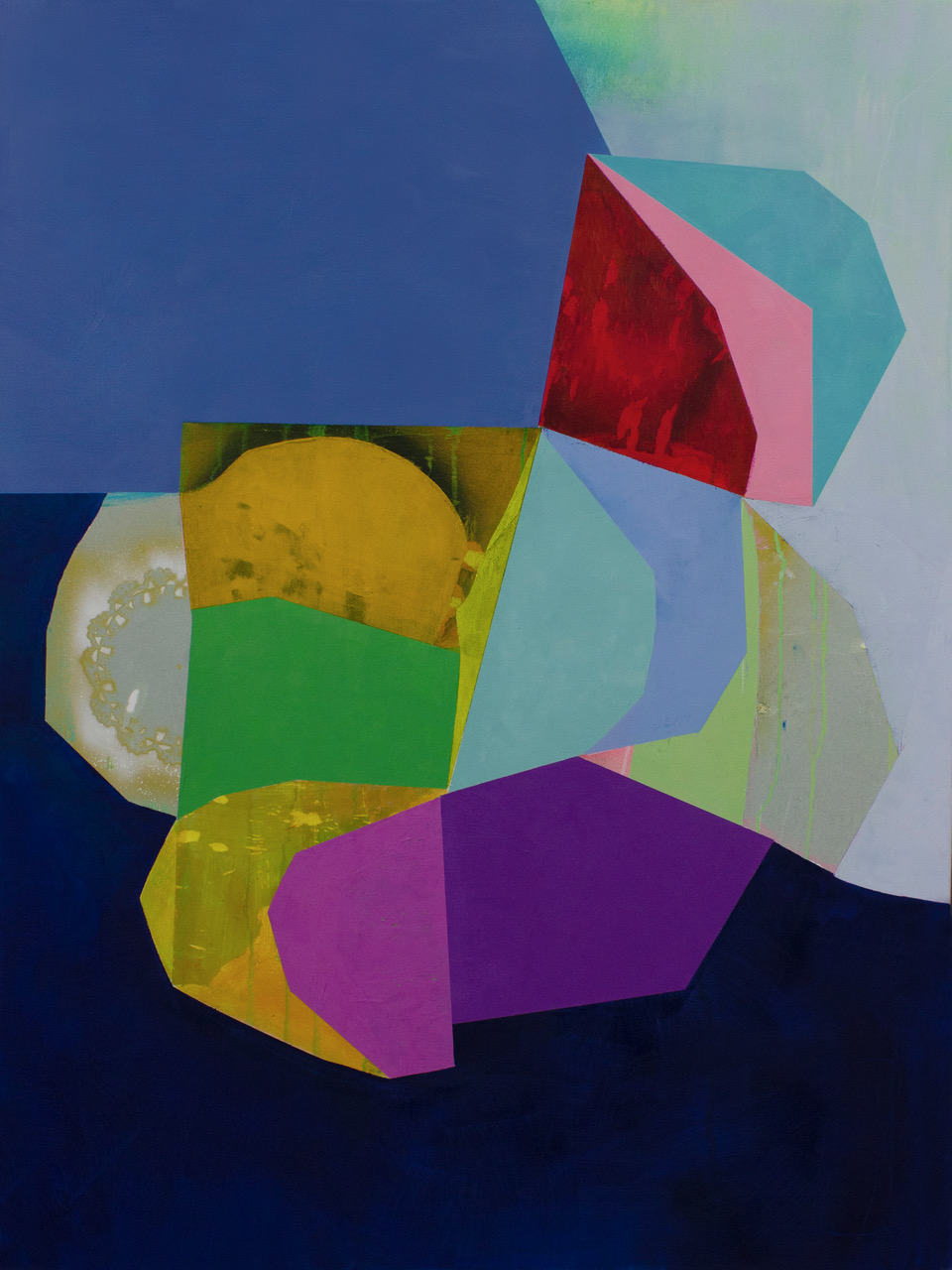 Abstract composition featuring overlapping geometric and organic shapes in vibrant colors including magenta, teal, yellow, red, and deep blue. Layered planes and curved forms create depth, with some elements appearing translucent or textured, set against a dark blue background.