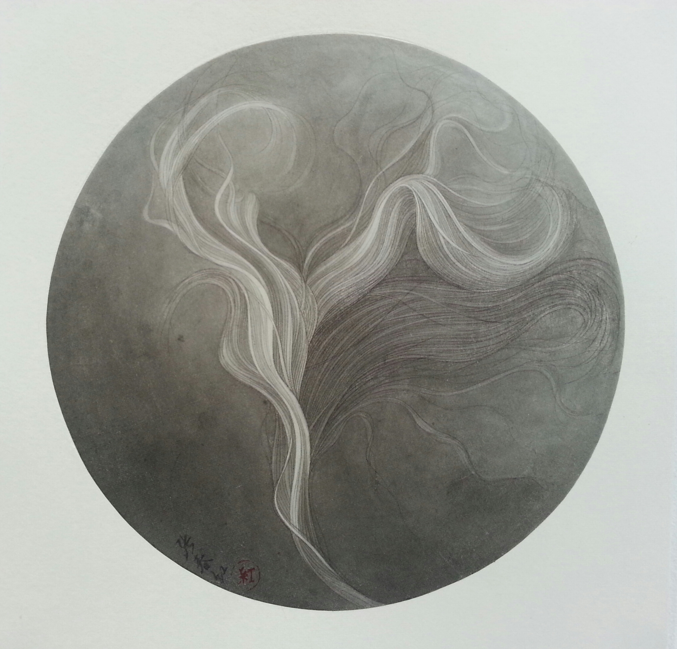 An oval composition in graphite and ink on paper depicting a stylized tree with an ethereal, flowing form. The tree's upper branches spread upward in luminous white and pale gray strokes, while darker charcoal tones dominate the lower trunk and roots, creating a dramatic contrast against the muted gray background.