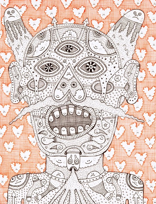 Intricate black ink line drawing on orange and white gingham patterned paper depicting a symmetrical, mask-like face with elaborate decorative details including multiple eyes, geometric patterns, and ornamental motifs throughout. Jellyfish-like figures float at the top and sides, while the composition features dense zentangle-style linework and repetitive patterns creating a dreamlike, surreal aesthetic.