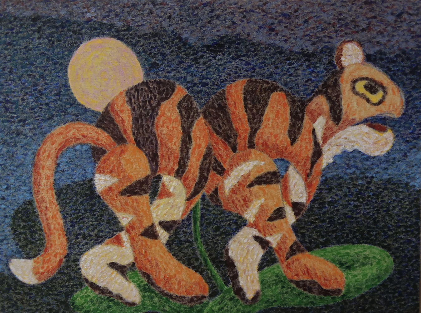 A stylized orange and brown orchid with striped petals dominates the composition against a textured dark blue background. A yellow moon glows in the upper left, while a small figure with an owl-like face peers from behind the flower on the right, rendered in warm earth tones with expressive brushwork.
