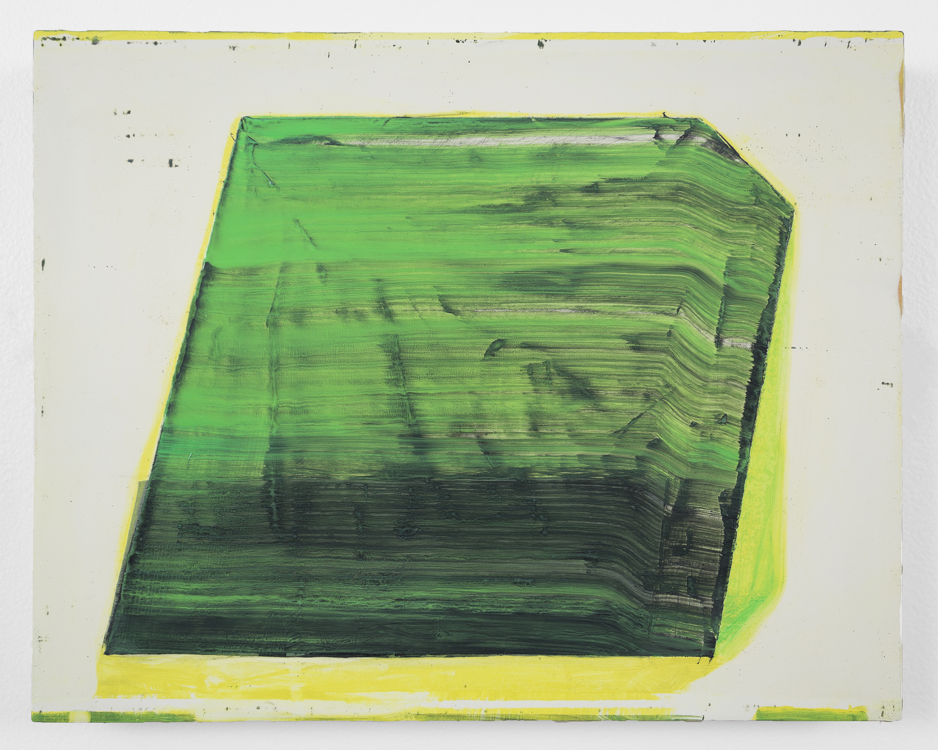 A geometric composition featuring a tilted square form rendered in horizontal brushstrokes that transition from bright lime green at the edges to deep forest green and black at the center, creating a three-dimensional effect. The layered, gestural marks suggest depth and movement across the form's surface, set against a pale cream background.