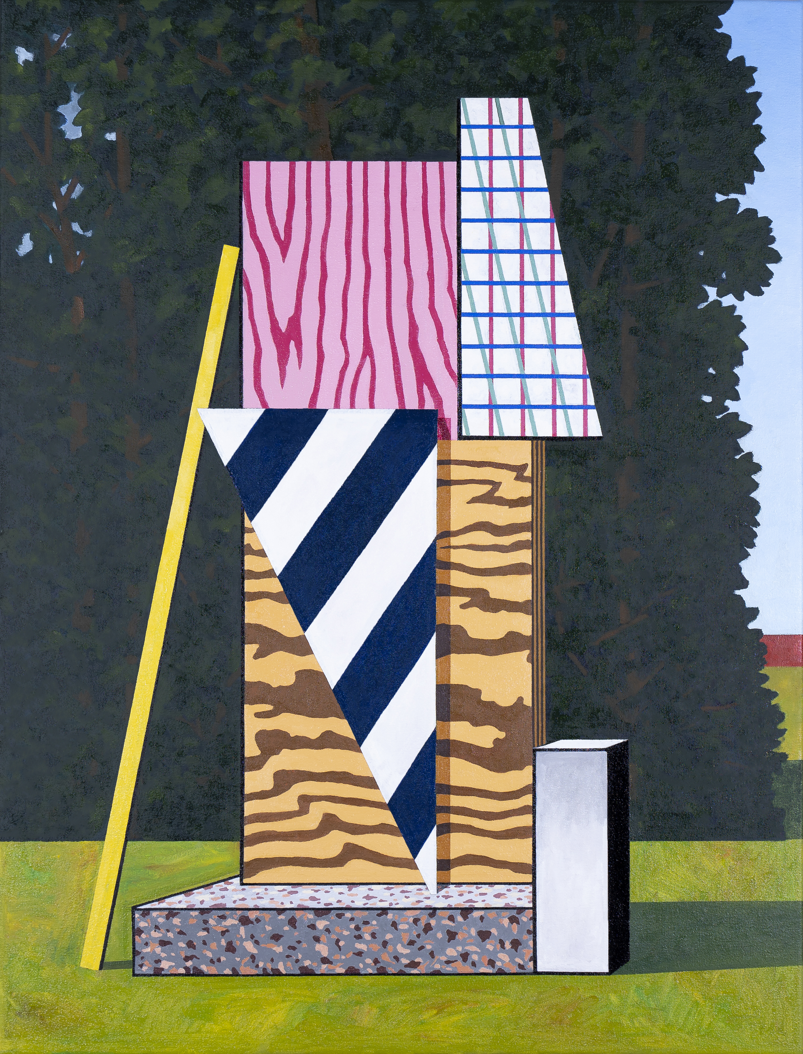 An abstract geometric sculpture rendered in a landscape setting, composed of stacked rectangular forms featuring contrasting patterns including pink vertical stripes, navy and white diagonal stripes, wood grain textures, and a blue grid. A yellow vertical element leans against the left side, while the structure sits on a foundation of concrete and gravel surrounded by green grass and dense forest.
