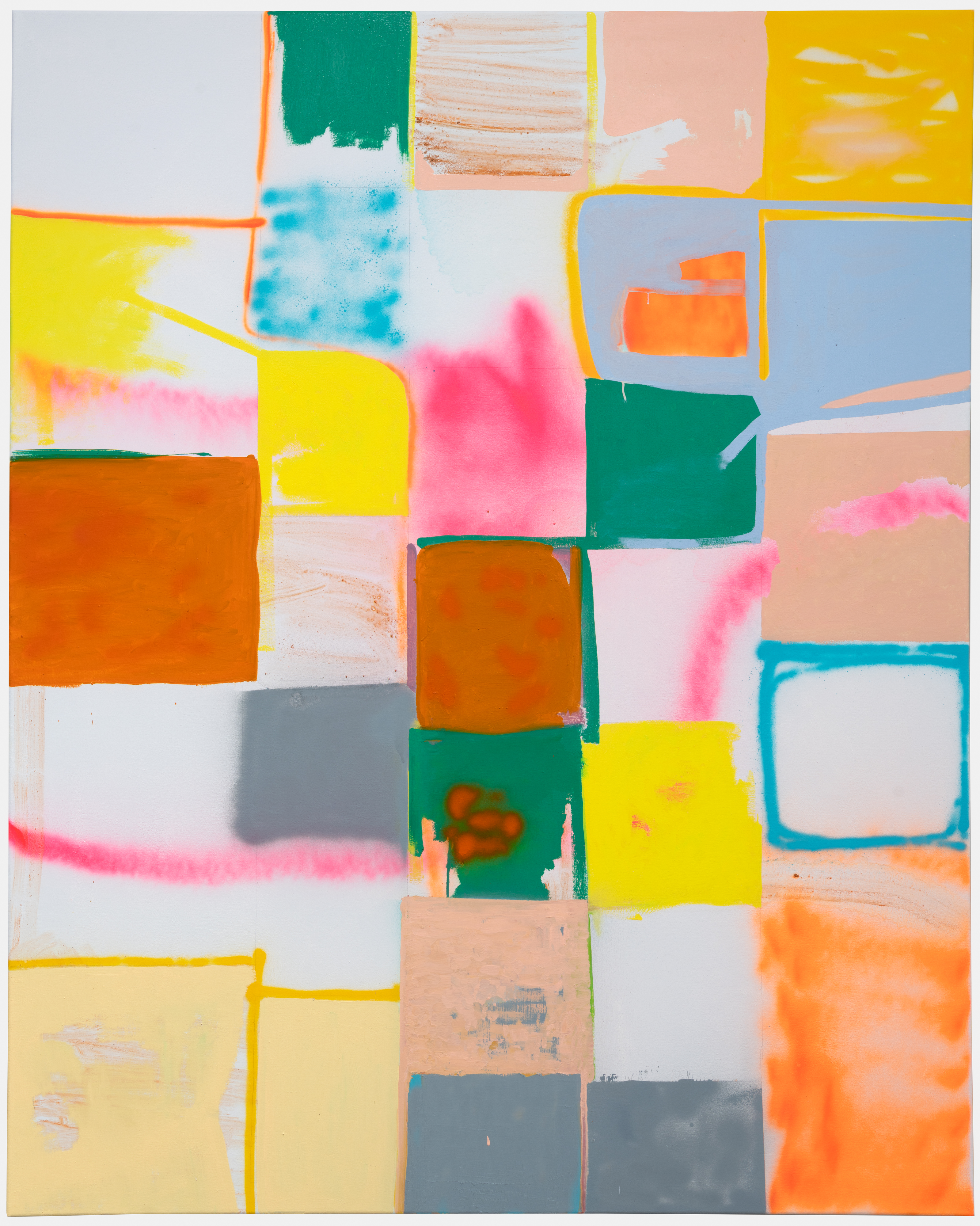 An abstract composition of overlapping rectangular forms in vibrant colors—yellow, orange, teal, green, and pink—outlined with contrasting lines against a white background. The layered shapes feature varied textures including solid fills, gestural marks, and translucent washes that create depth and visual tension across the canvas.
