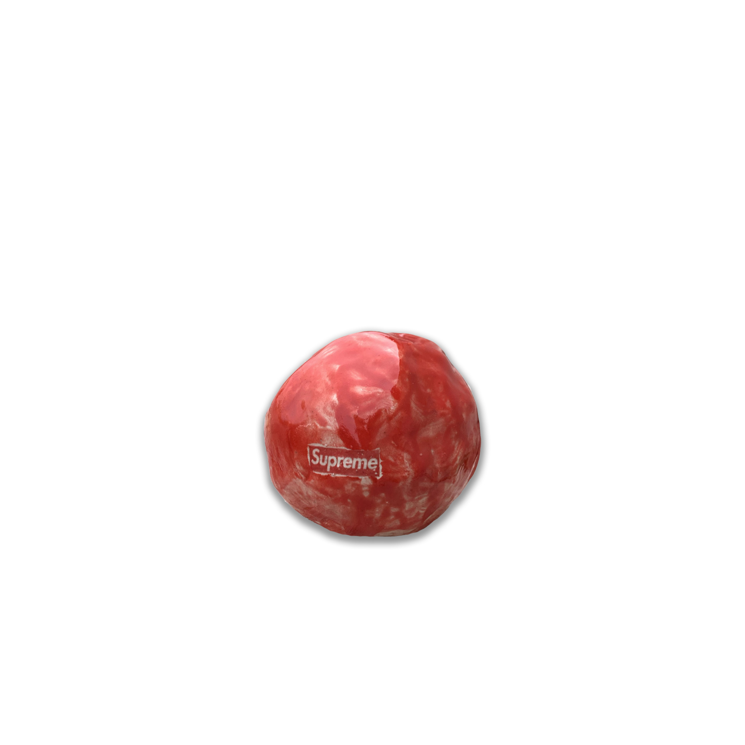 A glossy red spherical form with a crumpled, organic surface sits centered against a white background. A small white rectangular logo is visible on the sphere's surface.