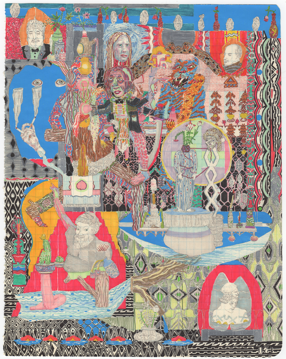 A densely layered mixed-media composition featuring intricately drawn portraits and figures rendered in graphite, colored pencil, and collage elements. The vibrant work combines ornamental patterns, decorative borders, and fragmented human faces in profile and frontal views, arranged across the composition in a complex, overlapping spatial arrangement with vivid blocks of blue, red, orange, and yellow throughout.
