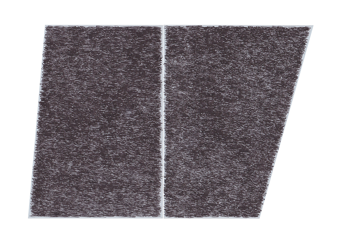 Two adjacent parallelogram-shaped panels filled with dense, horizontal ink marks creating a textured, scratched surface in shades of gray and black against a white background.
