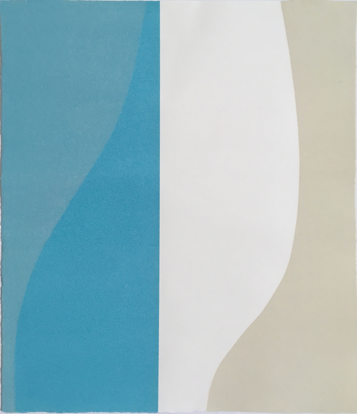 Three vertical color fields—teal blue on the left, off-white in the center, and pale khaki on the right—are divided by subtle curved forms that create a sense of movement and depth. The composition demonstrates a minimalist aesthetic with soft gradations and overlapping planes suggesting dimensionality.