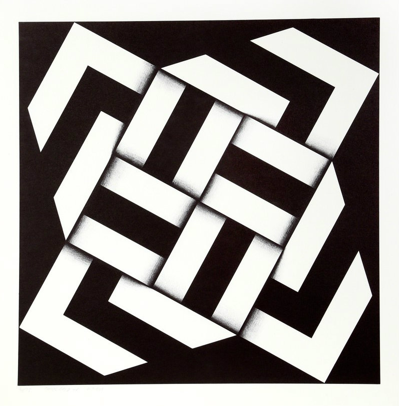 Black and white geometric screenprint featuring interlocking white rectangular bands arranged in a woven pattern against a dark background, creating an illusion of three-dimensional depth through overlapping forms and subtle shading along the edges.