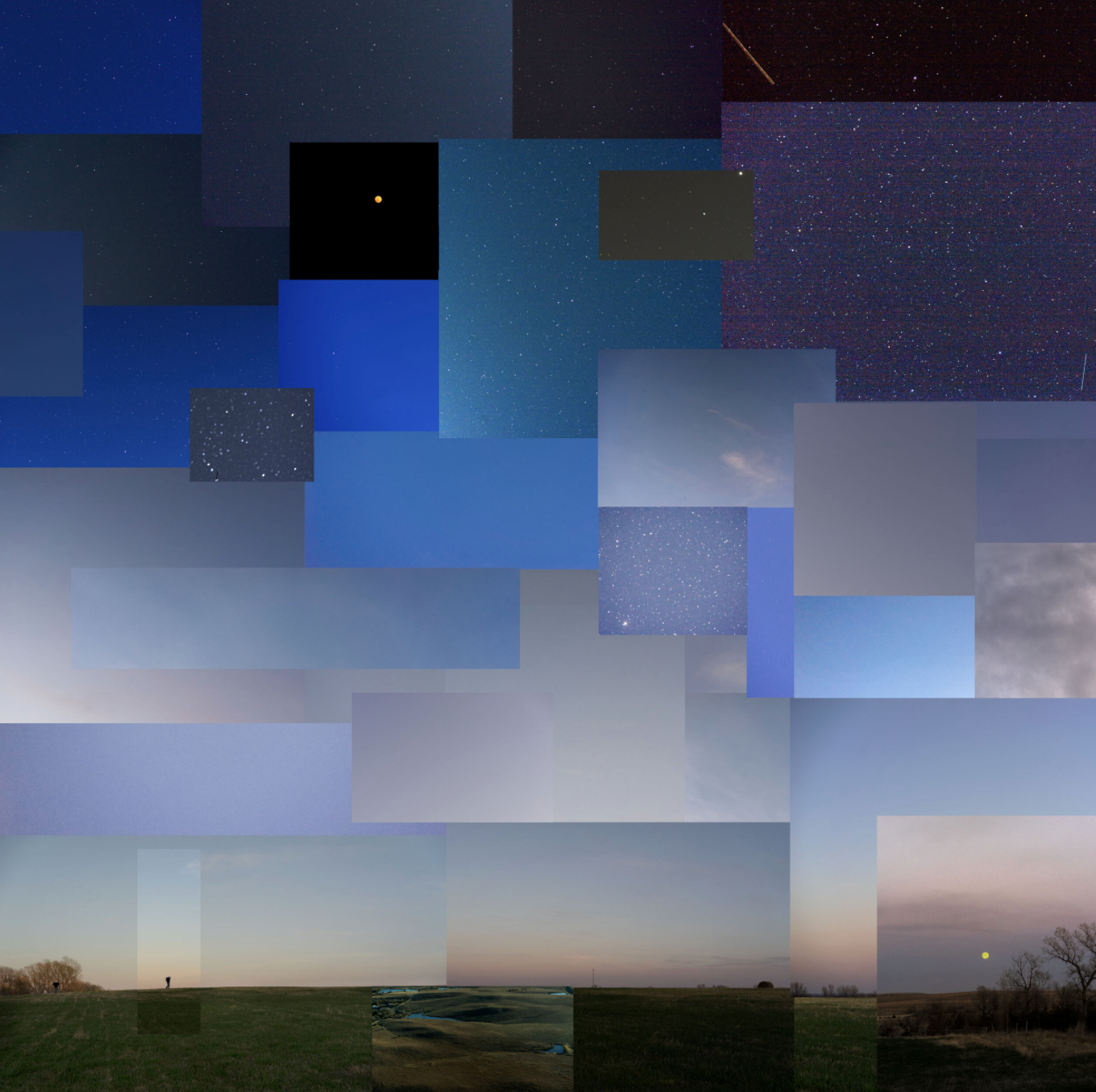 A fragmented collage of rectangular sections depicting a landscape transitioning from deep night sky with stars at the top through twilight blues to a dawn horizon with green fields at the bottom. Blocks of varying sizes overlap across the composition, creating a pixelated or tiled effect that disrupts the natural flow of the scene while revealing glimpses of stars, clouds, and distant terrain.