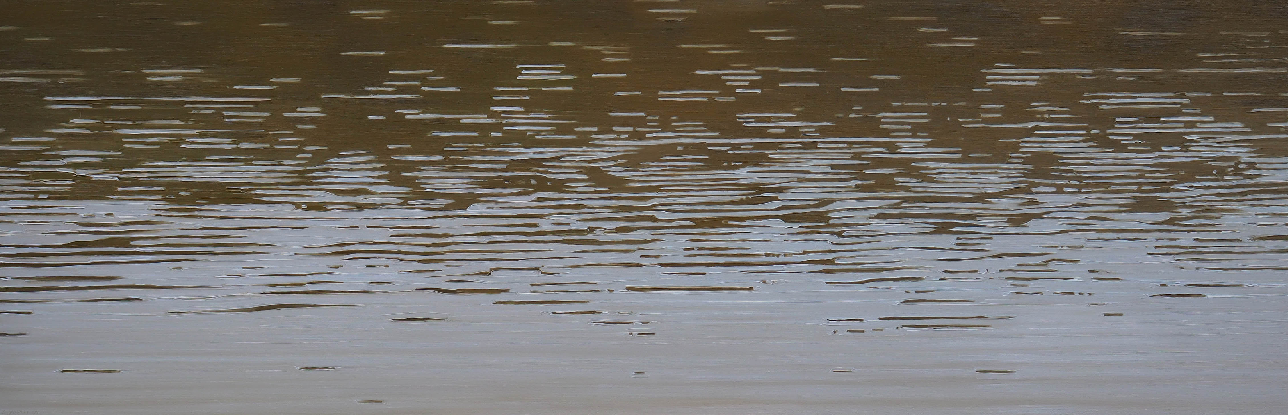 Abstract horizontal composition with layered brushstrokes in muted tones of brown, gray, and blue-gray, creating a textured surface that suggests water or landscape terrain with subtle depth and movement across the panel.