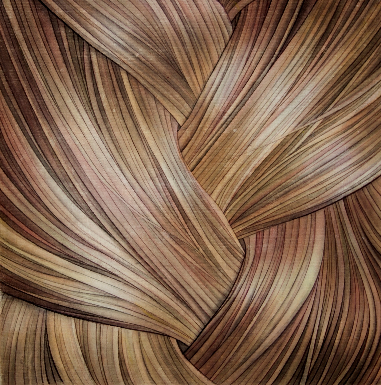 Interlocking braided strands in warm earth tones—browns, tans, and creams—create a three-dimensional woven composition with fine linear striations throughout, suggesting movement and depth through overlapping curves and folds.