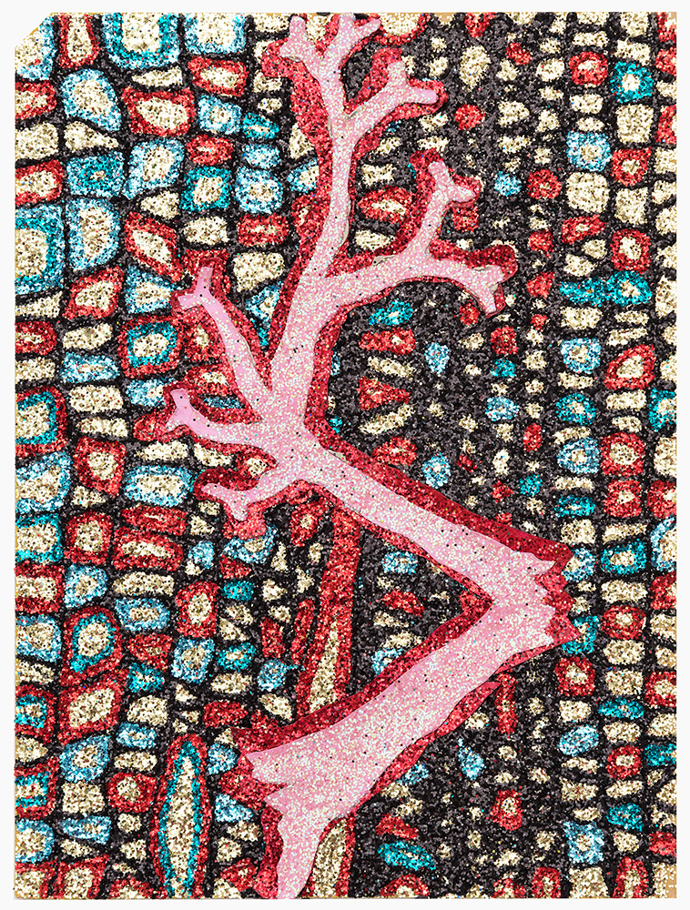 A stylized pink silhouette of a face in profile dominates the center, rendered in glitter against a densely patterned background of colorful rectangular blocks in cyan, red, cream, and black, also covered in glitter that creates a shimmering, textured surface throughout the composition.