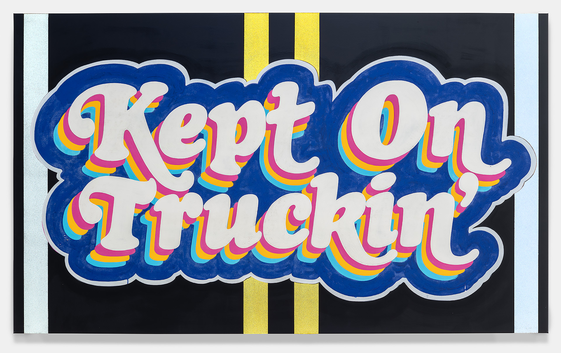 Vibrant text-based artwork featuring white lettering with rainbow-colored layered outlines set against a bold blue cloud-shaped background. Yellow vertical stripes and light blue and white borders frame the composition on a dark ground.