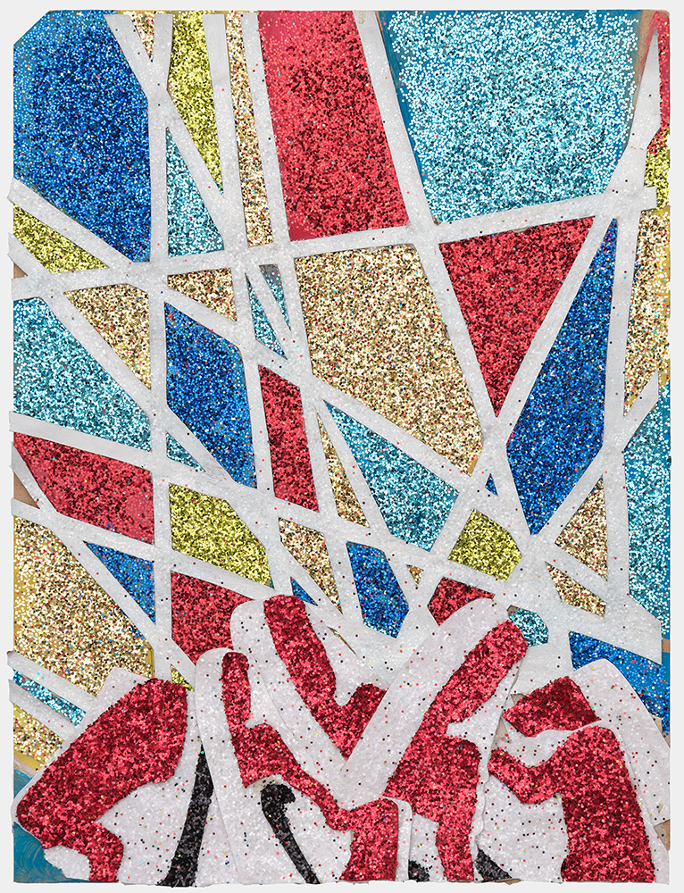 Vibrant abstract composition featuring geometric shapes in bright blue, red, turquoise, and gold glitter separated by white lines, creating a fragmented mosaic-like pattern across the surface. Black curved marks appear at the bottom of the piece.
