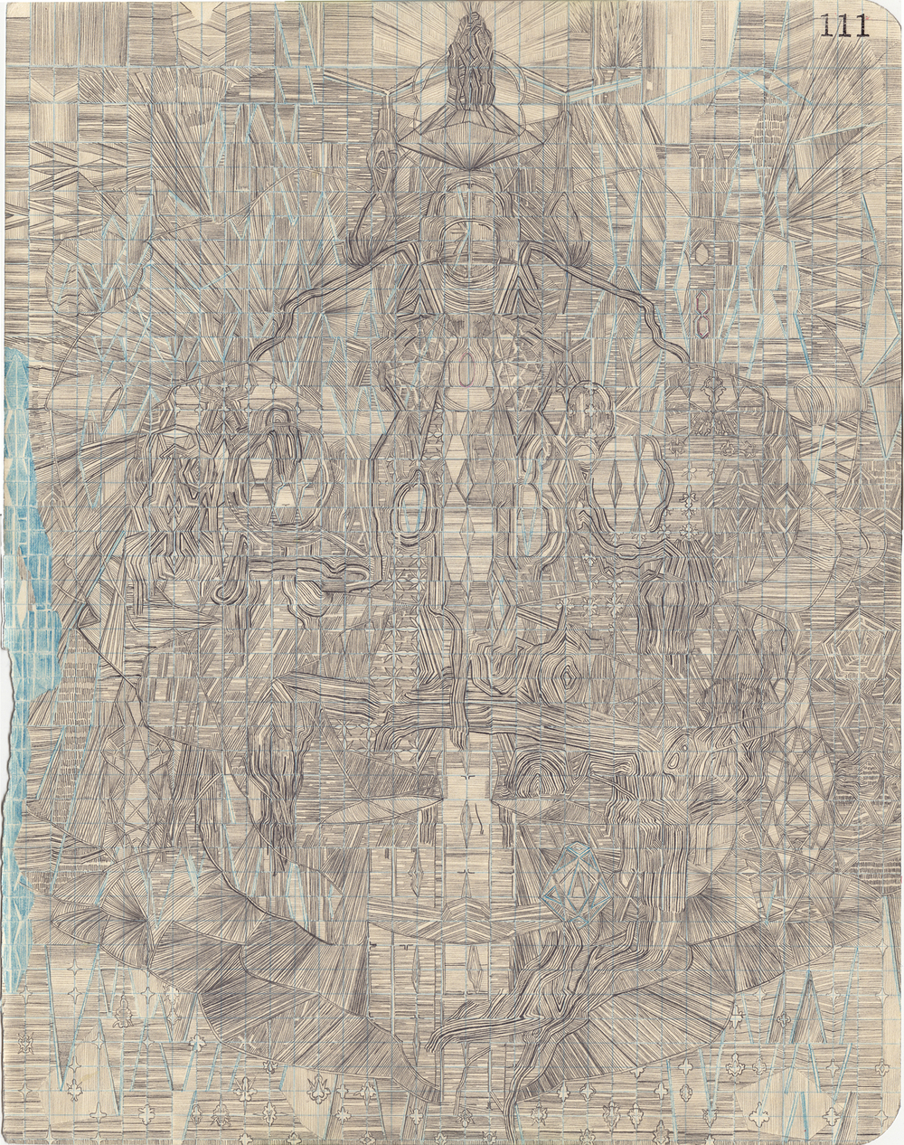 Intricate graphite drawing on tan paper featuring a densely layered, symmetrical composition of intertwining figures and architectural forms radiating outward from a central vertical axis. Fine linear hatching throughout creates a complex, maze-like pattern with touches of blue watercolor or ink applied to the left edge and lower portions of the work.