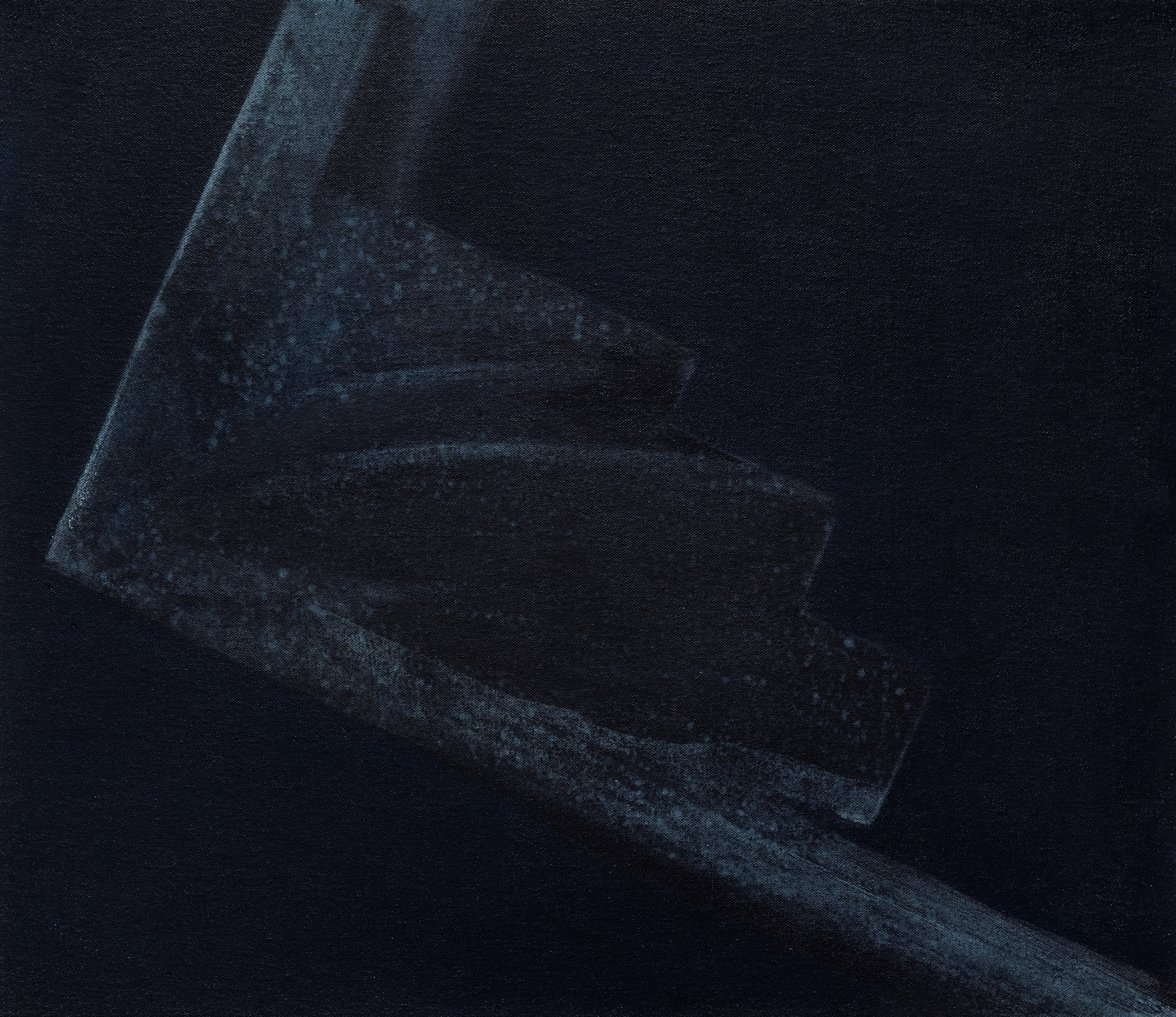 Abstract composition in deep navy and charcoal tones depicting geometric forms that suggest architectural or sculptural elements, with layered planes and subtle textural variations creating depth against a dark background.