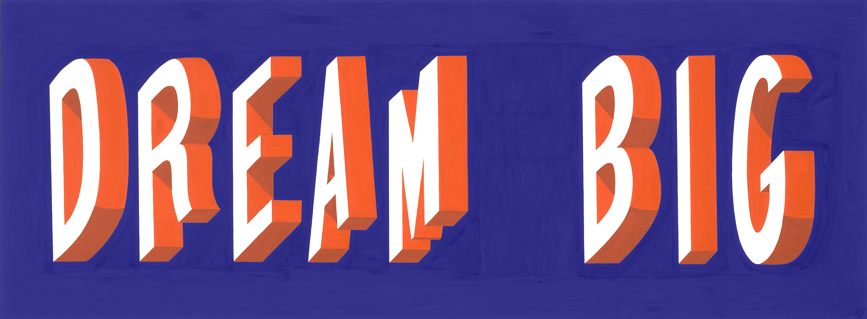 Bold three-dimensional typography in orange and white reads "DREAM BIG" against a deep blue background. The letters feature a striking isometric design with layered depth, creating a dynamic visual effect that appears to lift off the surface.