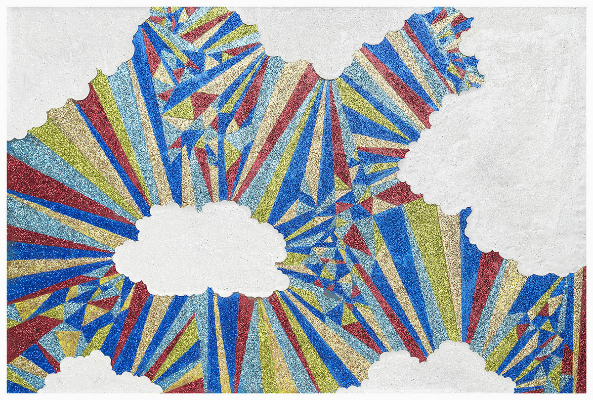 Radiating stripes of blue, red, yellow, and turquoise glitter emanate outward from two white cloud-like forms at the center, creating a dynamic starburst composition against a textured gray background.