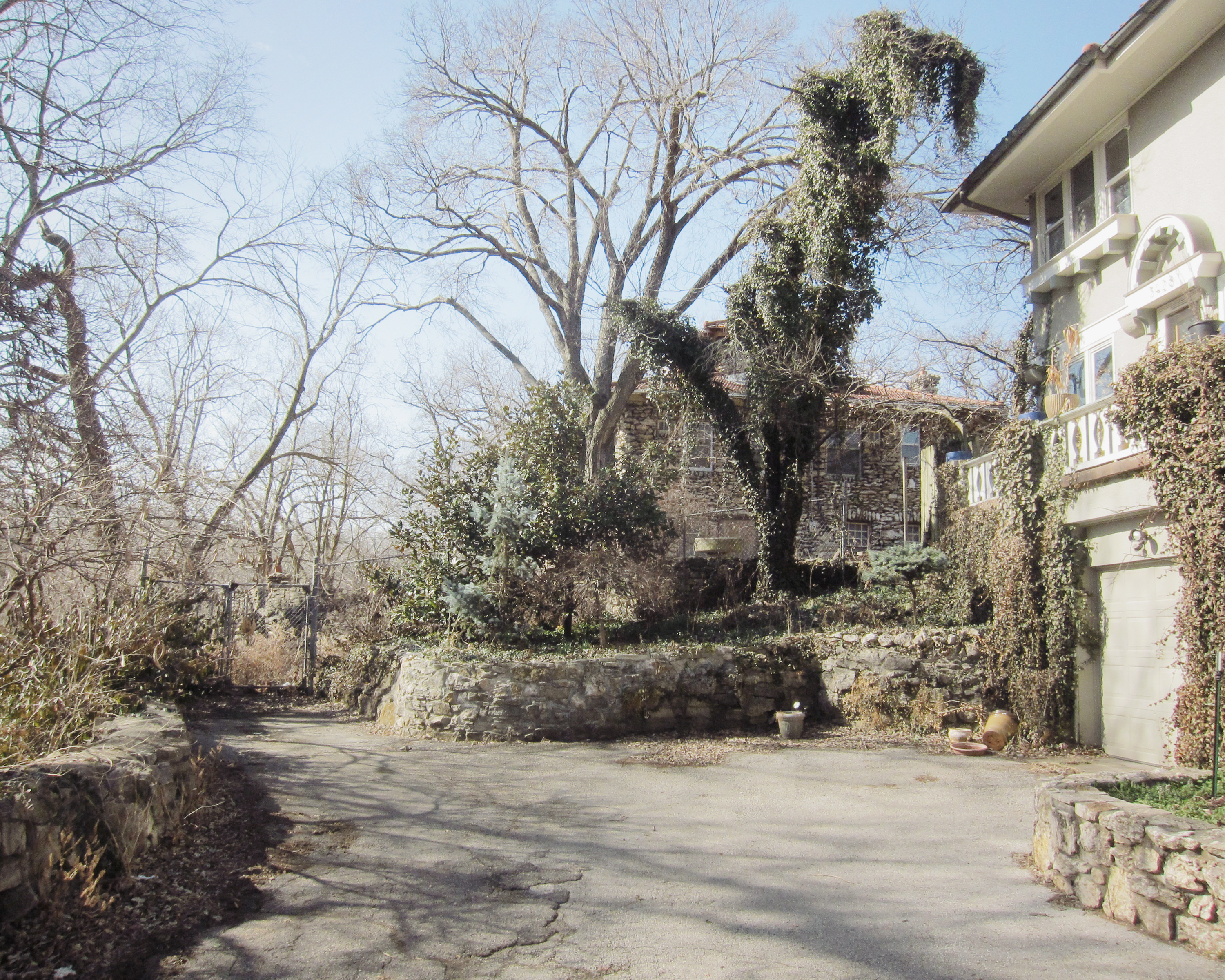 Overgrown courtyard bounded by stone and stuccoed buildings with ivy-covered walls and bare trees, shot in natural daylight with clear shadows cast across the weathered pavement.