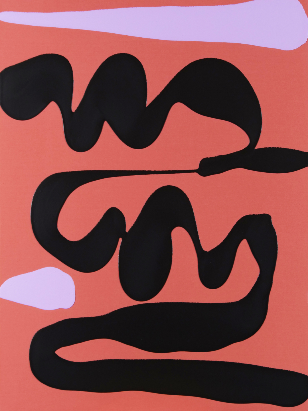 Abstract composition featuring organic, undulating black shapes against a warm coral-red background, with pale lavender accents in the upper right and lower left corners. The flowing forms create a rhythmic, gestural composition reminiscent of modernist abstraction.