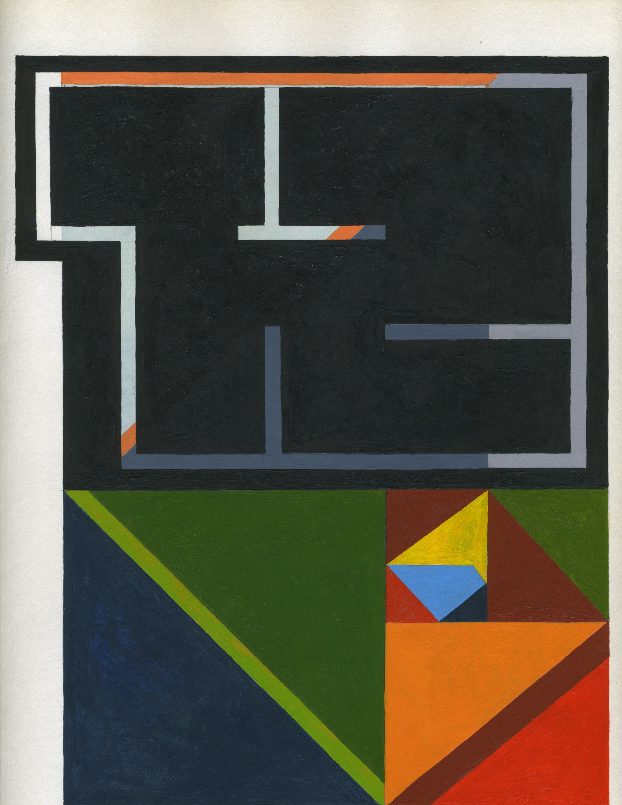 Abstract composition divided into two sections: the upper half features a black architectural floor plan with white, blue-gray, and orange linear accents, while the lower half displays a geometric arrangement of overlapping triangles and angular shapes in dark blue, green, yellow, orange, red, and brown against a green background.