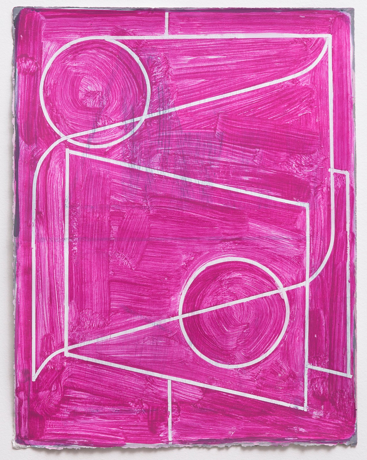 Vibrant magenta acrylic painting featuring white linear outlines creating geometric forms including two circles connected by curved lines against a richly textured brushstroke background. The composition is framed by a white rectangular border within the canvas.