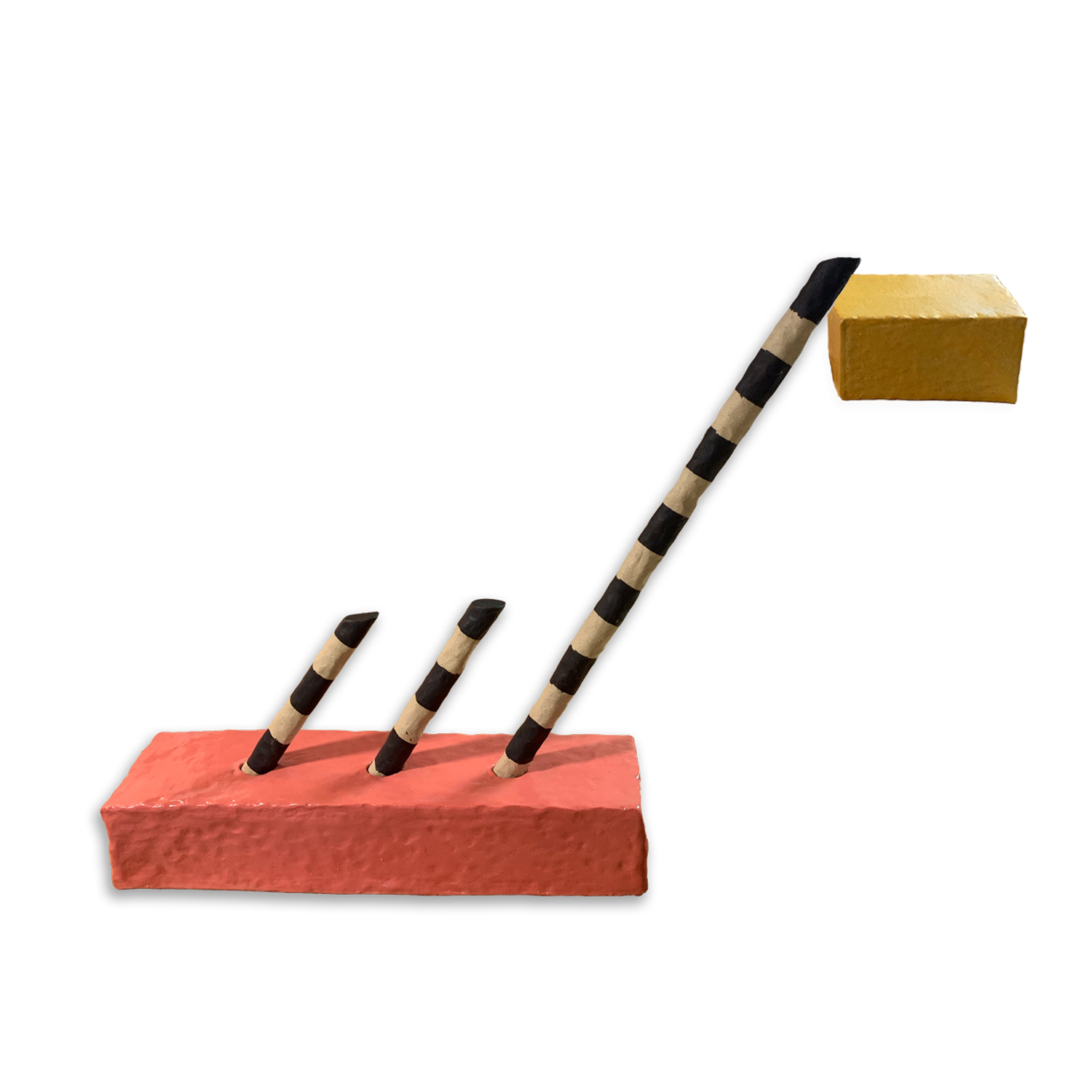 Three striped wooden tools with black and natural wood bands lean at increasing angles against a red-brown rectangular base, with a gold-colored rectangular form positioned at the top right, creating a geometric composition in earthy tones.