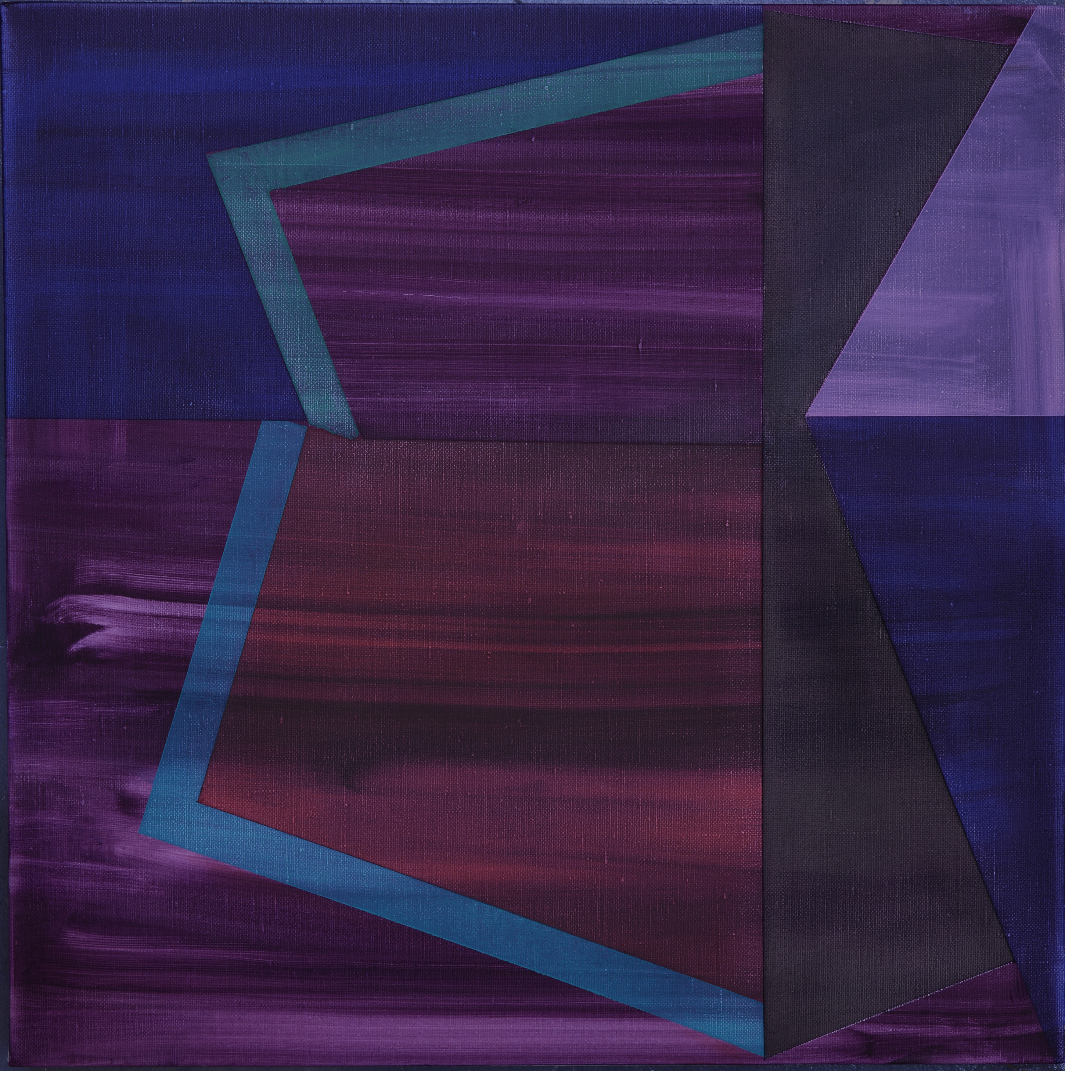 Abstract geometric composition featuring overlapping angular planes in deep purples, teals, and blacks. Horizontal brushstrokes create a textured surface across the canvas, with sharp linear forms suggesting depth and spatial recession against a predominantly dark, moody color palette.